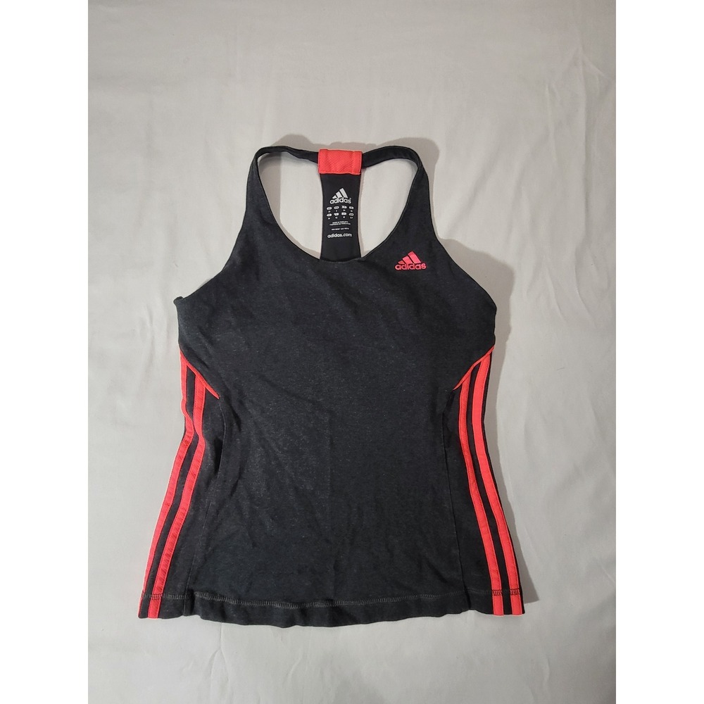 Adidas Womens Racerback Tank Top Small Gray Pink 3-Stripe Athletic Gym Shirt